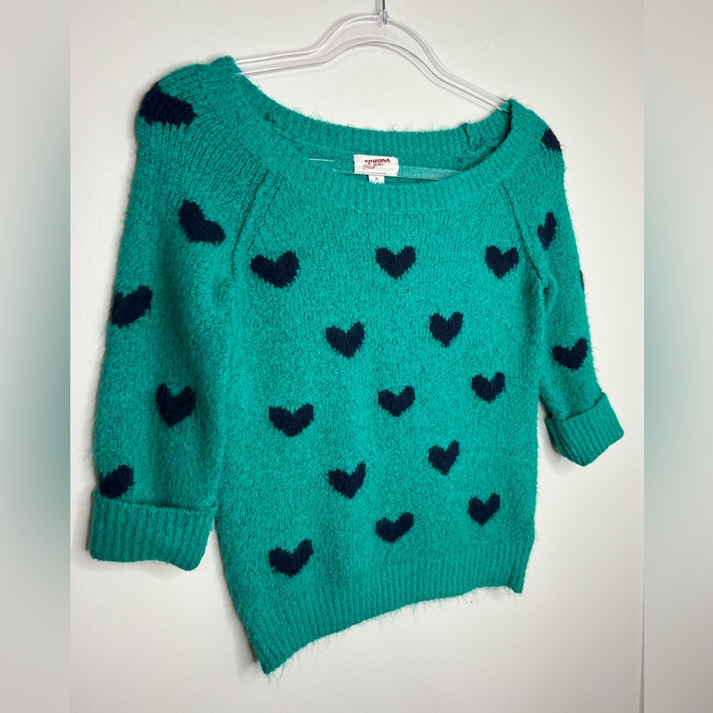 Arizona Jean company. Green with blue hearts sweater. 3/4 cuffed sleeve. Medium. - Picture 2 of 4